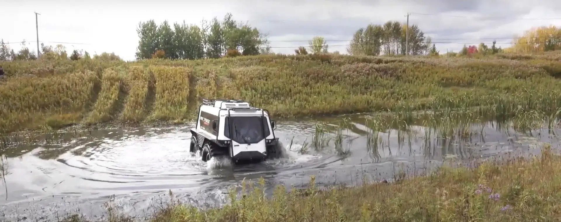 A white Fat-Truck in a small marsh