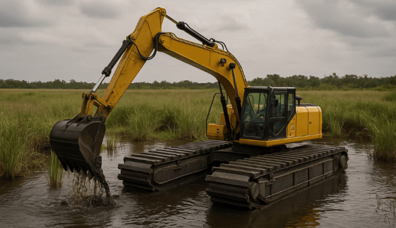 a yellow excavator in a marsh dredging soil content (1)-1