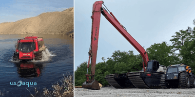 A collage including a Fat-Truck driving in a small body of water alongside another image of a Fat-Truck parked next to a marsh excavator