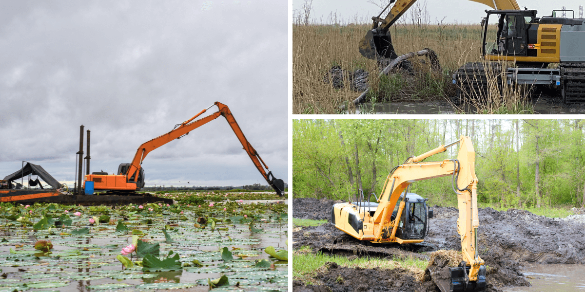 A collage of three marsh excavators in different wetland environments, doing work supervised by U.S. Aqua