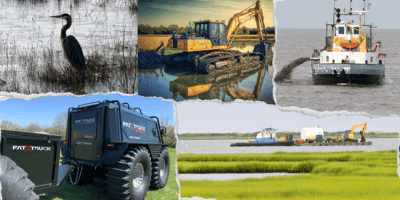 A collage of different Amphibious vehicles used for dredging by U.S Aqua
