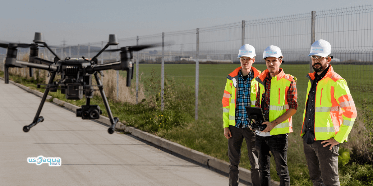 Three civil engineers, wearing hard hats, fluorescent vest, and work shirts and pants, flying a black drone 