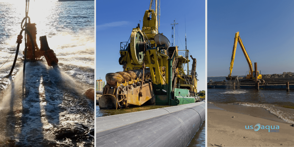 Three different types of dredging equipment, all doing different dredging jobs, rented out by U.S. Aqua out of Louisiana, servicing the Gulf Coast and beyond.