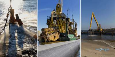 Three different types of dredging equipment, all doing different dredging jobs, rented out by U.S. Aqua out of Louisiana, servicing the Gulf Coast and beyond.